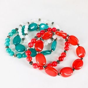 Set of 6 Stretch Bracelets in Red White and Green